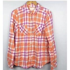 Sonoma Plaid Button Up Large Orange Purple Collared Casual Shirt